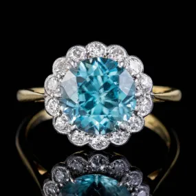 Antique Edwardian Blue Zircon Diamond Cluster Ring 18Ct Gold Platinum 3Ct Zircon Circa 1908