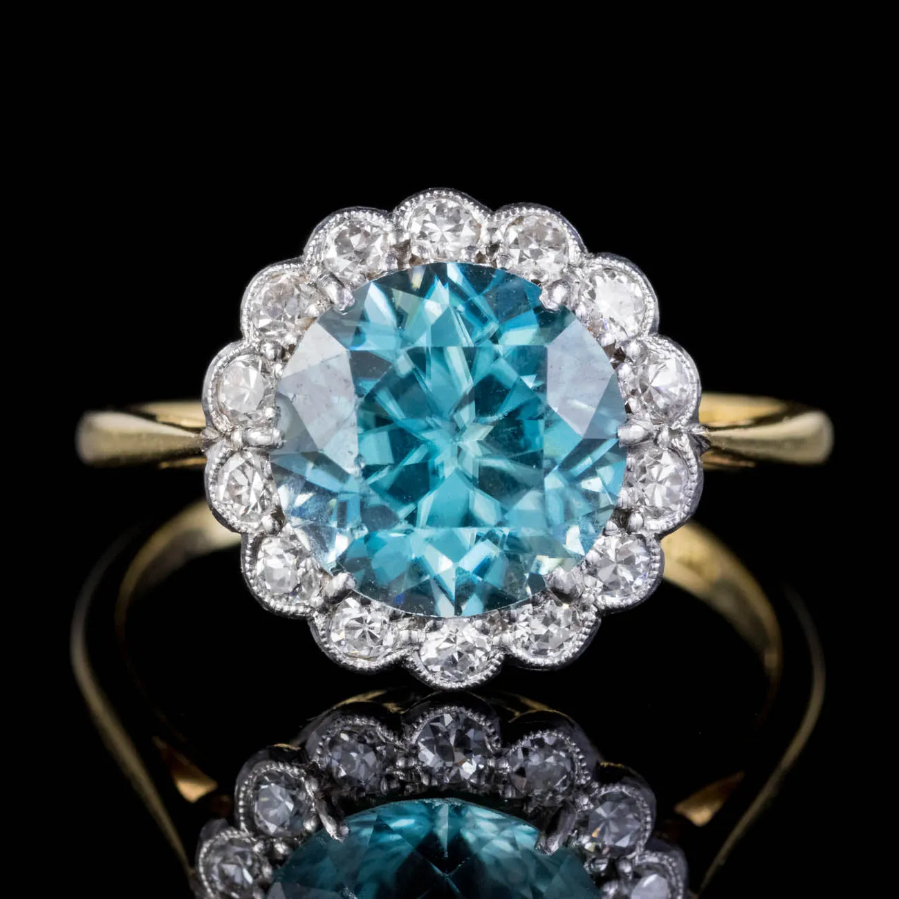 Antique Edwardian Blue Zircon Diamond Cluster Ring 18Ct Gold Platinum 3Ct Zircon Circa 1908