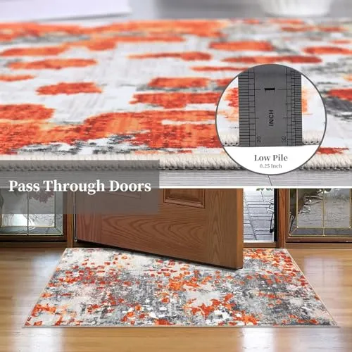 GARVEE Large Area Rug 9x12 Boho Chic Abstract Watercolor Design Rug Washable Rug Low Pile Thin Rug Non Slip Soft Rug Contemporary Accent Carpet for Dining Room, Orange/Grey