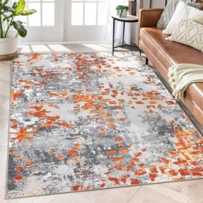 GARVEE Large Area Rug 9x12 Boho Chic Abstract Watercolor Design Rug Washable Rug Low Pile Thin Rug Non Slip Soft Rug Contemporary Accent Carpet for Dining Room, Orange/Grey