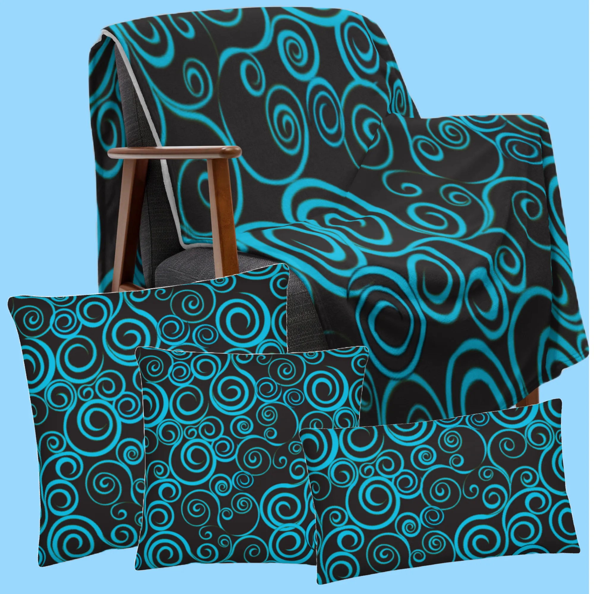 Large Blue Spiral on Black super Soft Throw Blanket 50x60” & 60x80” Towel 30x40”