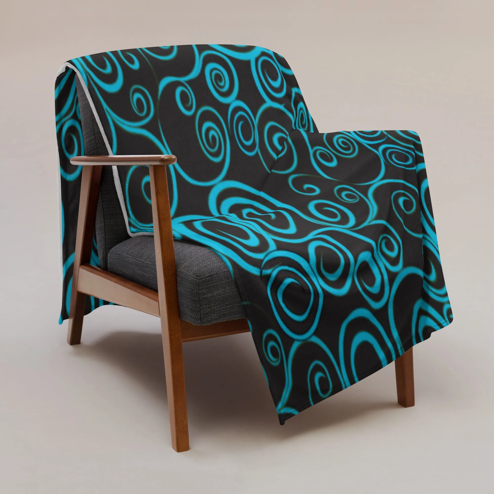 Large Blue Spiral on Black super Soft Throw Blanket 50x60” & 60x80” Towel 30x40”