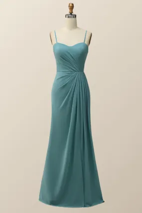 Spaghetti Straps Teal Green Chiffon A-line Long Bridesmaid Dress