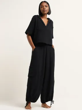 Superstar Black Textured Mid-Rise Cotton Harem Pants