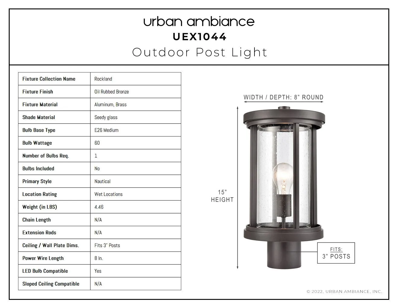 UEX1044 Nautical Outdoor Post Light 15''H x 8''W, Oil Rubbed Bronze Finish, Rockland Collection