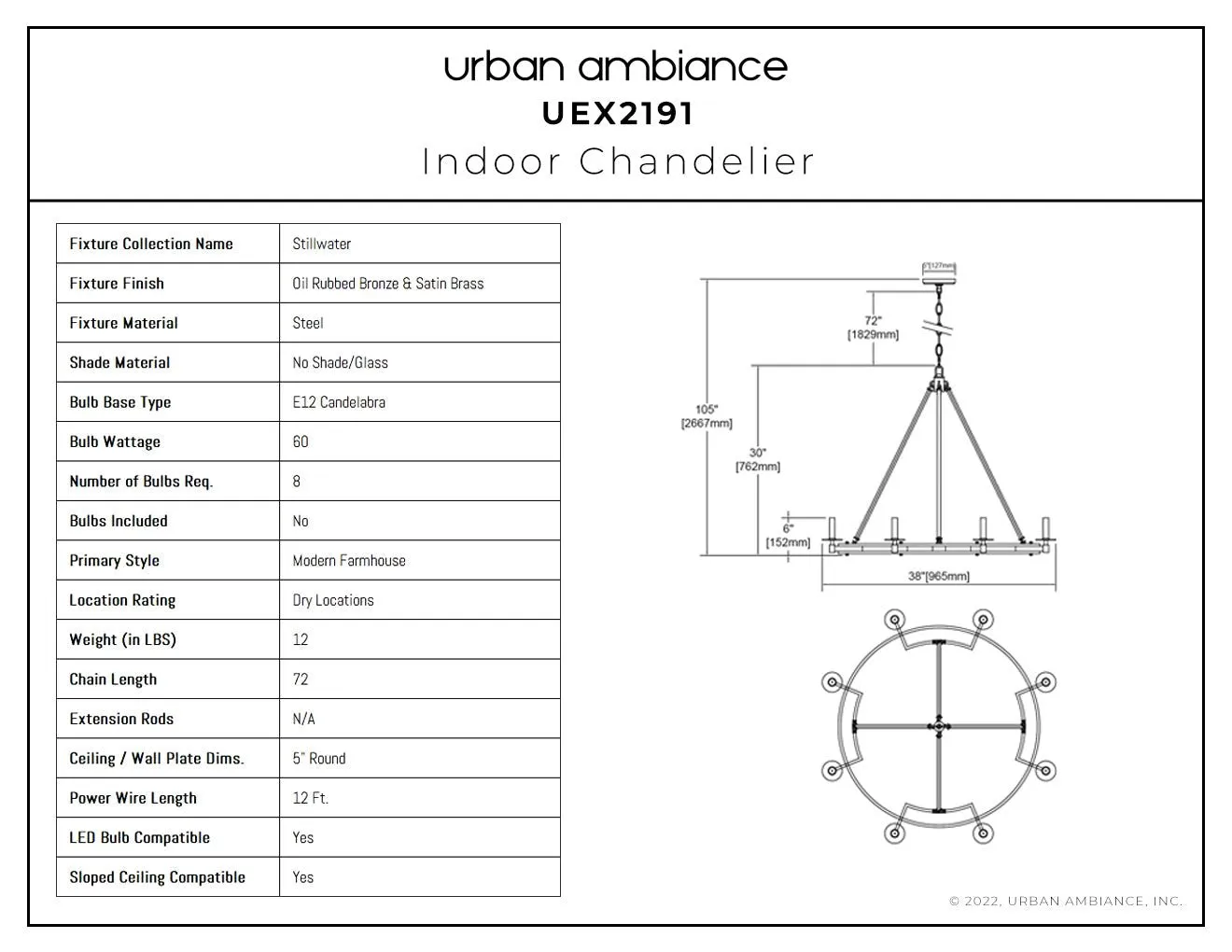 UEX2191 Luxe Industrial Chandelier 30''H x 38''W, Oil Rubbed Bronze & Satin Brass Finish, Stillwater Collection